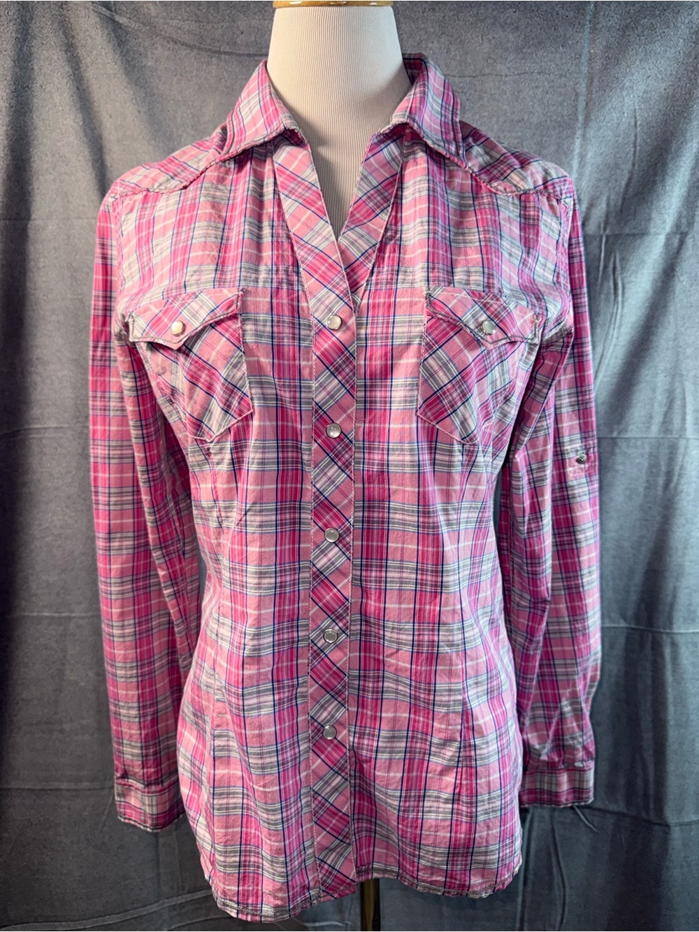 2026-Rough Stock Pink Plaid Button-Down Shirt - Women's Long Sleeve